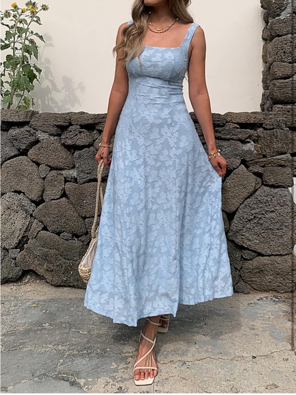 Square Neck Light Blue Floral Maxi Dress